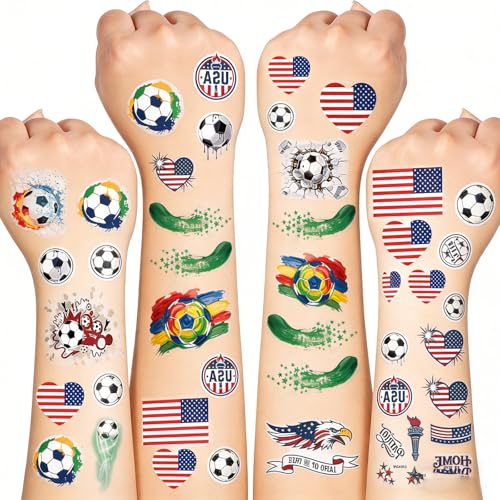 World Cup 2026 & 4th of July Temporary Tattoos - 115PCS Waterproof Soccer & USA Patriotic Fake Body Art