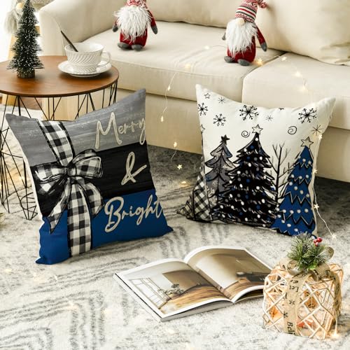 Merry Christmas Blue & Black Throw Pillow Covers - Set of 4, 18x18 Inch