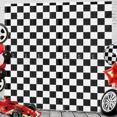 PreJoyStar Car Foil Fringe Curtains - Race Car Themed Backdrop 2 Pack, 3.3 x 6.6 Ft, Black & White Checkered Party Decorations