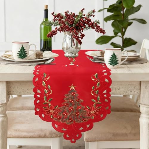 Embroidered Christmas Tree Table Runner - Extra Long 120x15 Inches