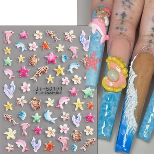 Ocean Nail Stickers 3 Sheets Summer Beach 5D Embossed Decals