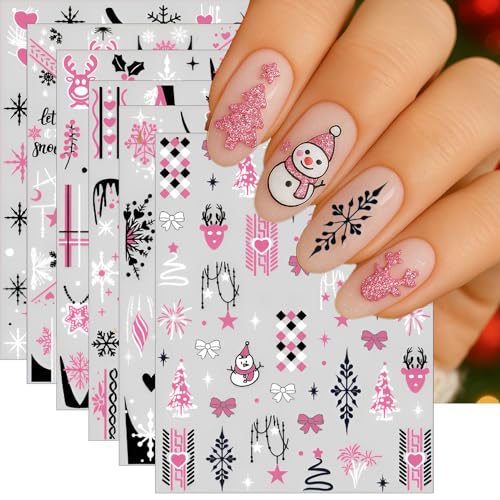 Pink Christmas Nail Stickers 6 Sheets 3D Winter Reindeer Snowflake Decals