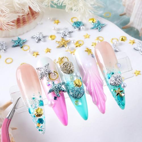 OSTTMA 100Pcs Summer Nail Charms 3D Seashell Starfish Pearls Rhinestones
