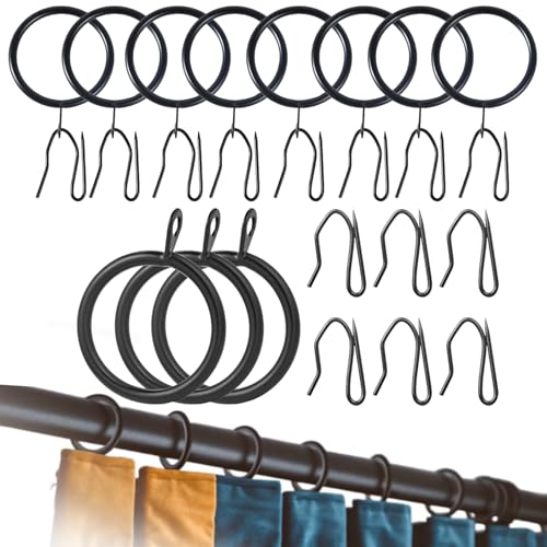 60 Metal Curtain Rings & Hooks Set - Durable Black 30mm Diameter
