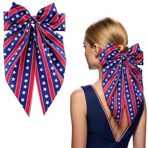 Patriotic Large Red White and Blue Hair Bow Clip with Long Tails