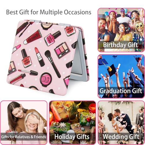 Compact Pocket Mirror 2-Pack - 2.8 Inch Square PU Leather Double Sided 1X/3X Magnifying Travel Mirror