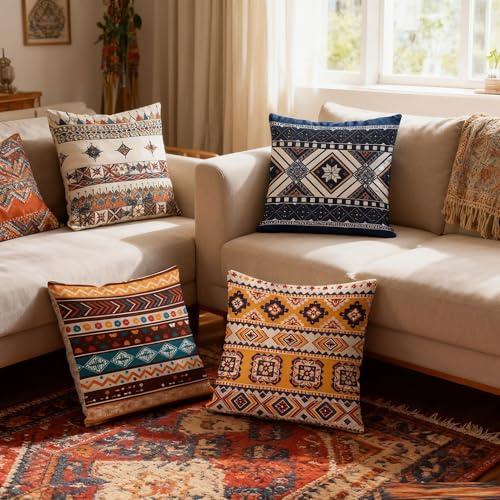 Boho Throw Pillow Covers 18x18 Set of 4, Bohemian Linen Decorative Cushion Case