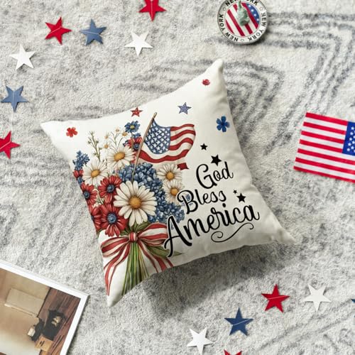 4th of July Throw Pillow Cover - God Bless America Daisy Pattern 18x18 Inch Independence Day Decor Cushion Case
