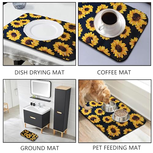 Sunflower Dish Drying Mat - Absorbent Rubber Kitchen Mat (12x16in)