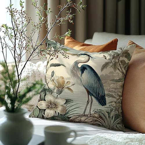 Vintage Blue Heron Pillow Cover 18x18 - Bird-03, Double-Sided Flannel