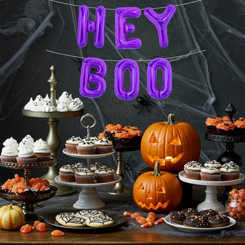 TONIFUL 16-Inch Purple Hey Boo Foil Balloons for Halloween Party