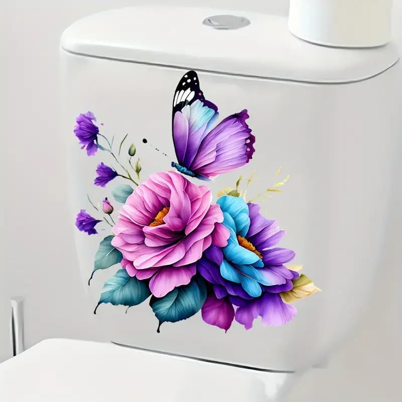 Butterfly and Floral Toilet Lid Decal - Waterproof Self-Adhesive Sticker