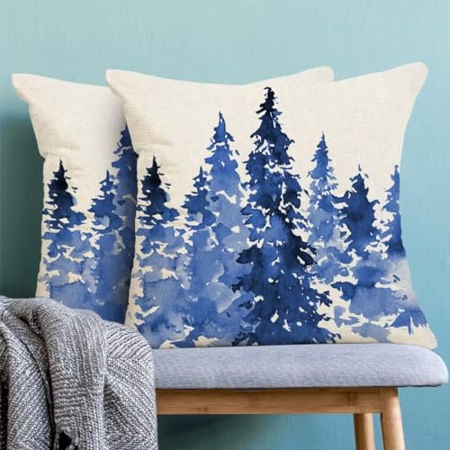 Blue Christmas Tree Pillow Covers Set of 2, 18x18 Inch Holiday Couch Decor