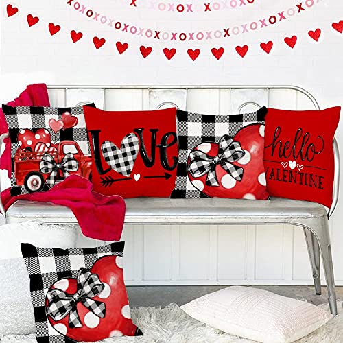 Set of 4 Buffalo Plaid Valentine Pillow Covers 18x18
