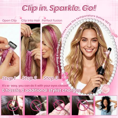 LORIEN Clip-In Hair Tinsel 14 Pcs 22 Inch Colorful Glitter Hair Extensions