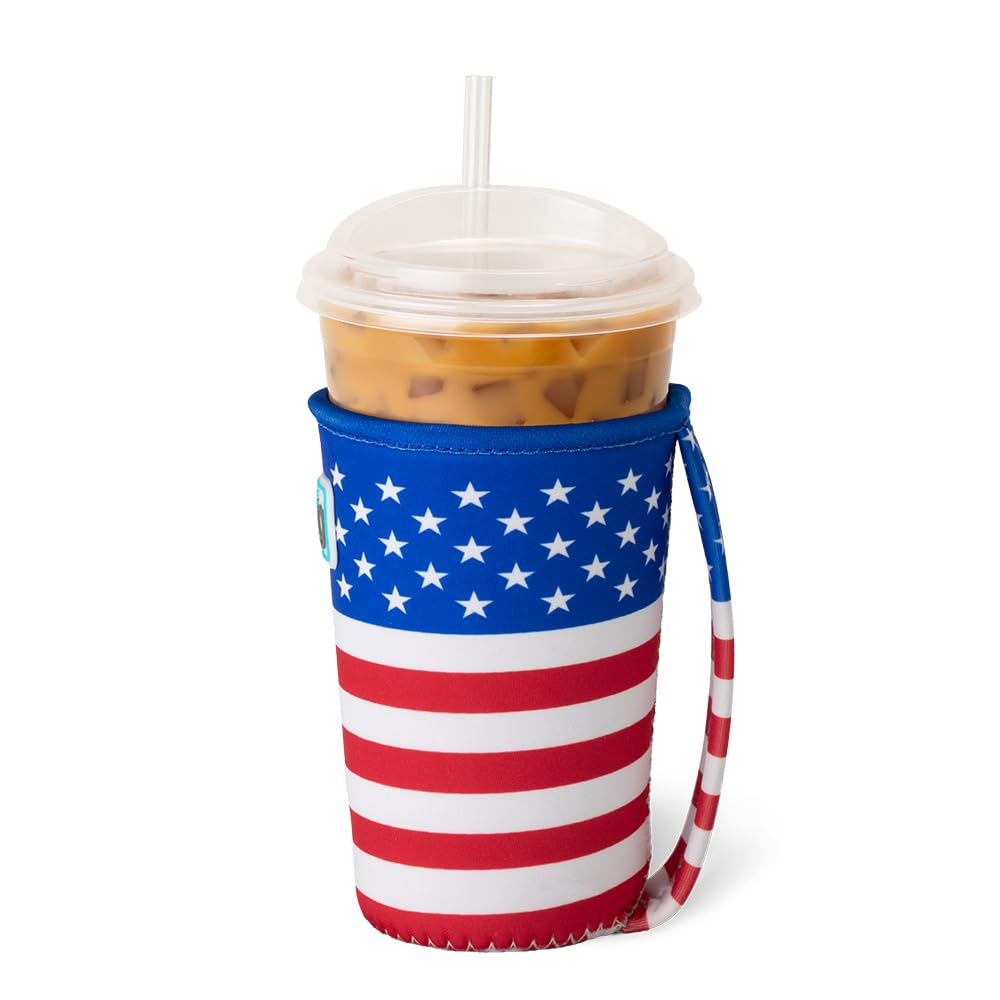 Swig Life Medium Iced Cup Coolie, Standard 22oz Iced Coffee Cup Insulator Sleeve with Handle, Neoprene Insulated Coolie Keeps Drinks Cold (All American)
