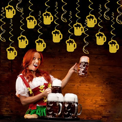 Beer Party Decorations - Gold Glitter Hanging Swirls & Streamers