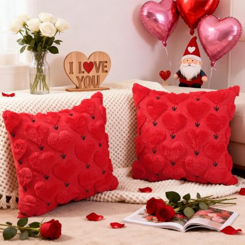 Valentine's Day Pillow Covers Set of 2, 18x18 Inch Red Heart Plush