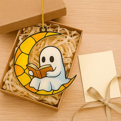 Ghost Reading Ornament - Stained Glass Style Book Decor