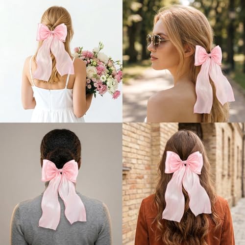 Mabor Large Pink Hair Bows with Long Tail Clip, 2 Pcs