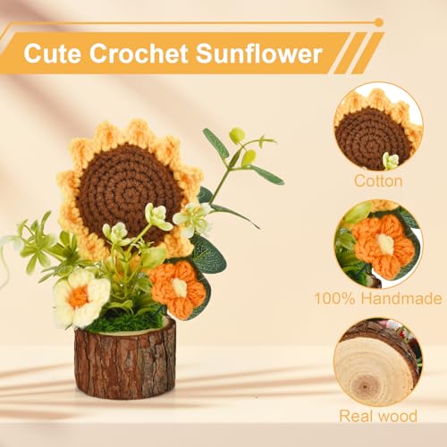 Andvon Crochet Sunflower Bouquet with Wood Base, Mini Desk Decor Gift