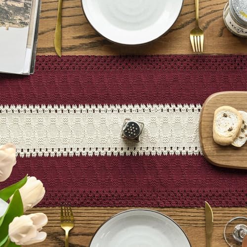 Red Farmhouse Woven Table Runner 12x72 Inch - Durable Cotton Polyester Decor