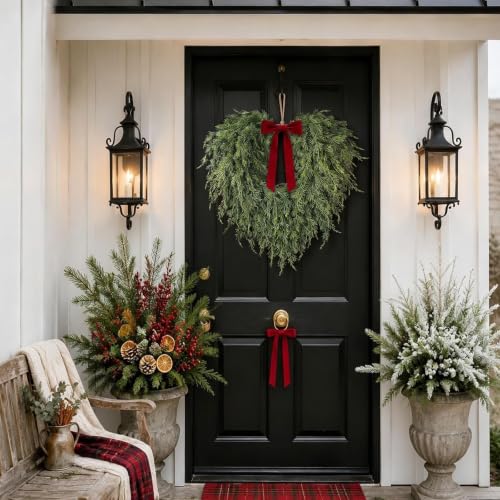 Artificial Heart-Shaped Cedar Wreath for Front Door & Holiday Decor