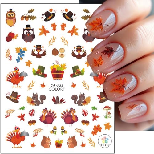 Fall Nail Stickers 6 Sheets Thanksgiving Turkey Pumpkin Autumn Decals