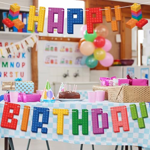 Building Block Happy Birthday Banner Colorful Brick Party Decorations