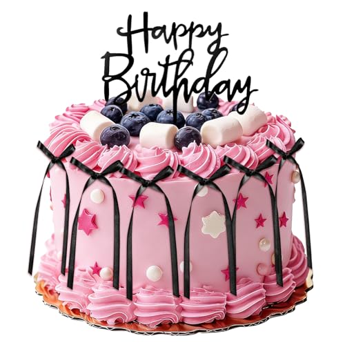 Elegant Black Bow Cake Topper Set with Happy Birthday Sign