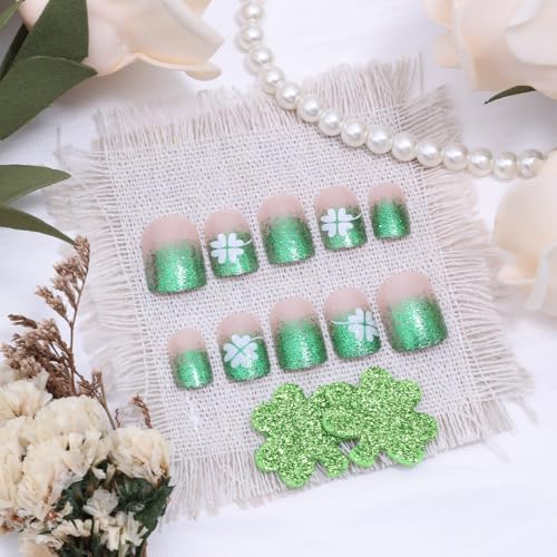 St. Patrick's Day Press On Nails Short Square Green Glitter French Tip False Nails