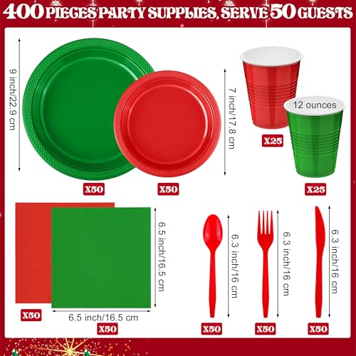 Christmas Party Disposable Dinnerware Set 400 Pieces Red & Green Includes Plates Cups Cutlery Napkins for Festive Events - Red, Green