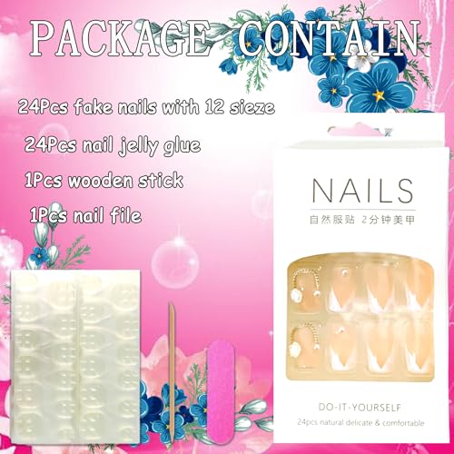 Onsdag Square French Tip Press On Nails with Flower Gems 24Pcs