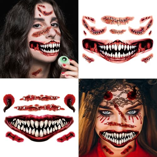 Cerlaza Halloween Temporary Tattoos Scary Big Mouth Clown & Scars Kit