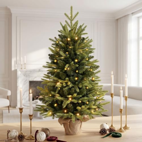 3ft Pre-Lit Nordic Fir Tabletop Christmas Tree with Pot - Warm White LEDs, Timer, Burlap Base