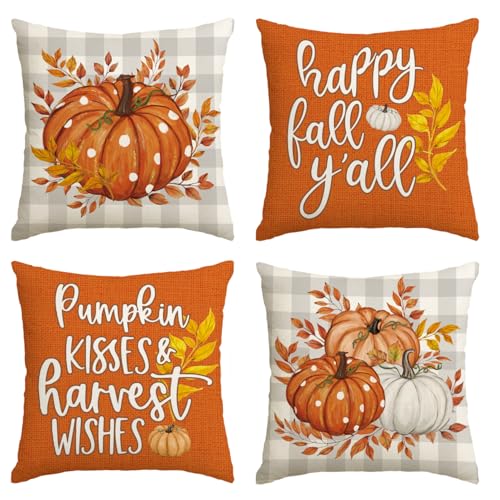 AVOIN colorlife Fall Pumpkin Throw Pillow Covers, 18x18 Inch Orange Set of 4