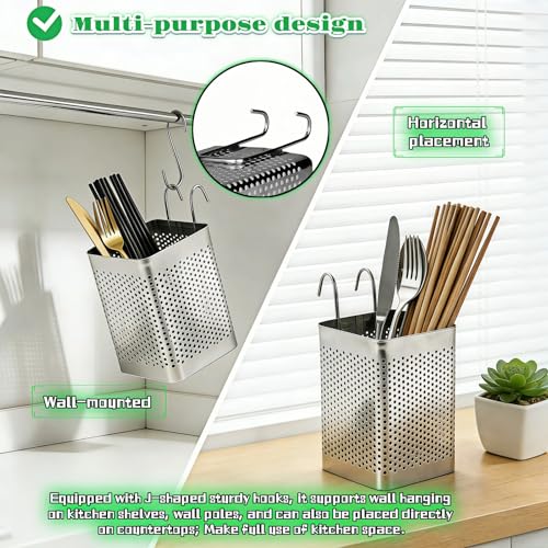Stainless Steel Utensil Holder with Hooks - Compact Organizer