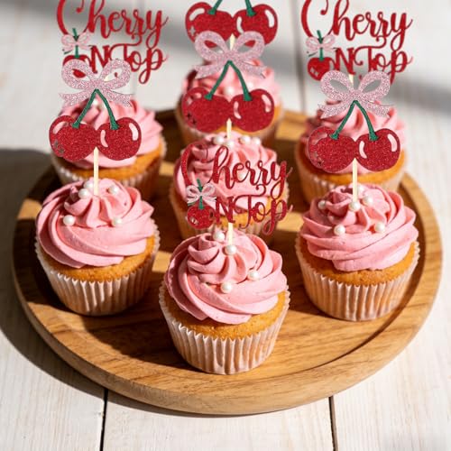 24 Pcs Cherry Cupcake Toppers Glitter Sweet Cherry Cake Decorations