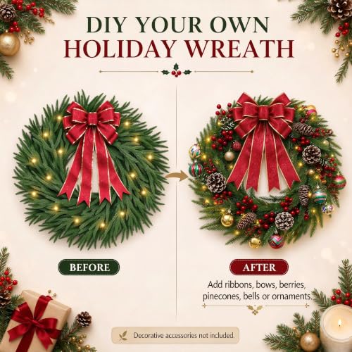 28-Inch Lighted Christmas Wreath with Detachable Bow - Pinkpum Green Variation