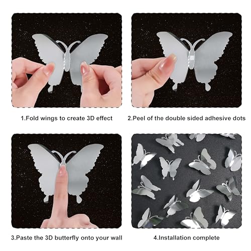 3D Metallic Butterfly Wall Stickers - 48 Pcs, 4 Styles & 3 Sizes