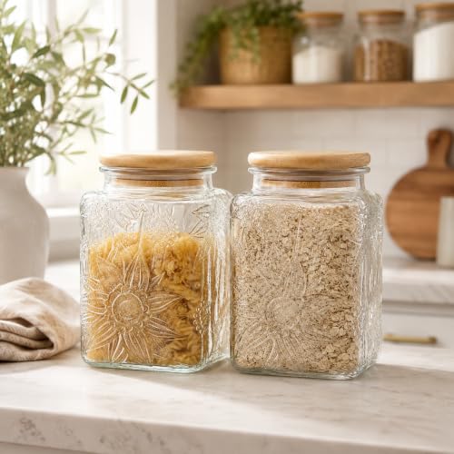 Storageasy Vintage Sunflower Glass Storage Jar - 25.3 FL OZ Square Container