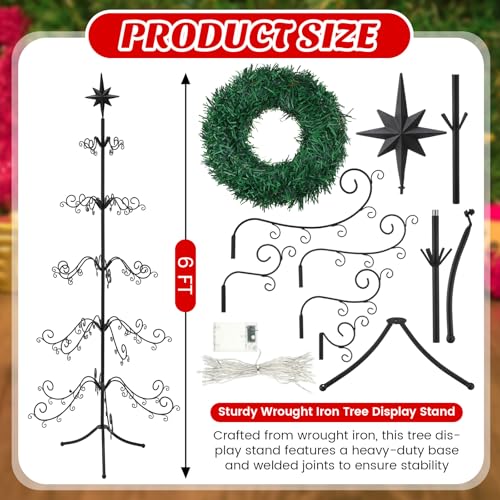 6ft Wrought Iron Christmas Tree Ornament Stand Black Scroll Green - Space Saving Holiday Decor