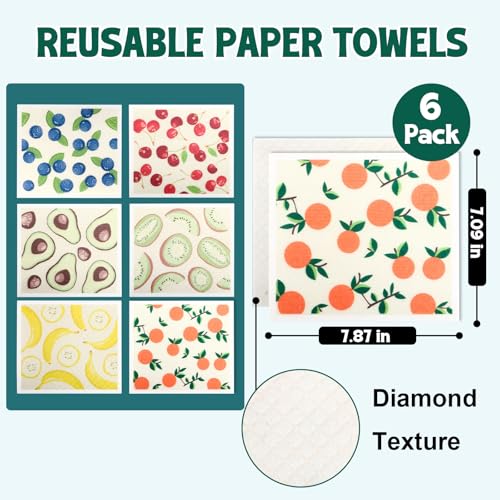 Lsnisni Swedish Dishcloths 6-Pack - Reusable Fruit Print Cleaning Cloths