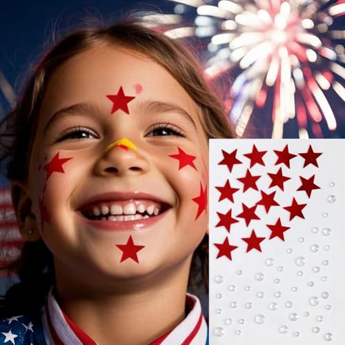 Star Face Gems Stickers - 3 Sheets Red, Silver & Blue Rhinestones for Makeup, Festivals and Parties