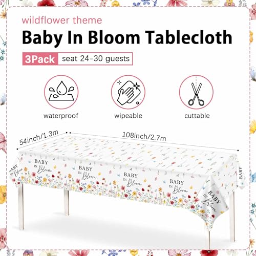 Heboland 3 Pack Waterproof Baby Shower Tablecloths 54x108 Inches Wildflower Theme