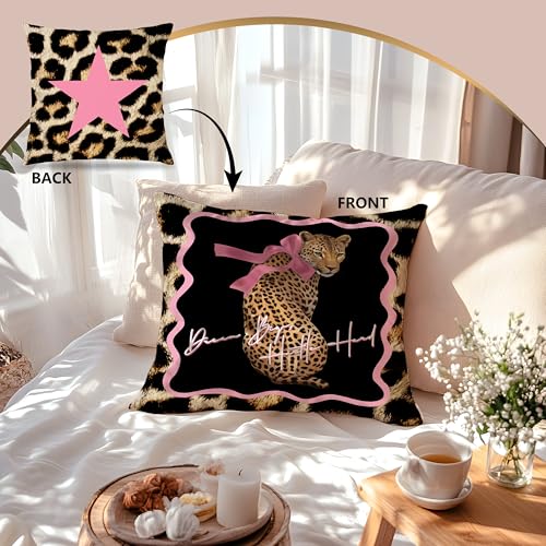 LUKIPOM Pink Bow Leopard Print Throw Pillow Cover 18x18