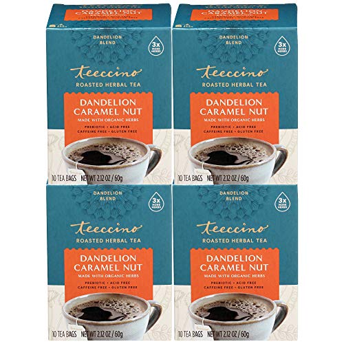 Teeccino Caramel Nut Herbal Tea Bags - Caffeine-Free, 10 Count Pack of 4