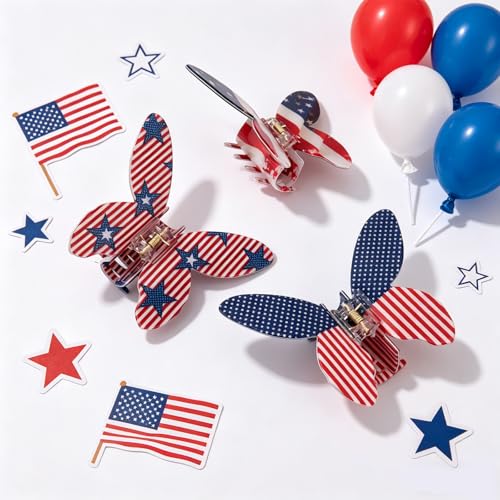 FASOTY Patriotic Butterfly Hair Claw Clips - 3 Pcs Red White and Blue