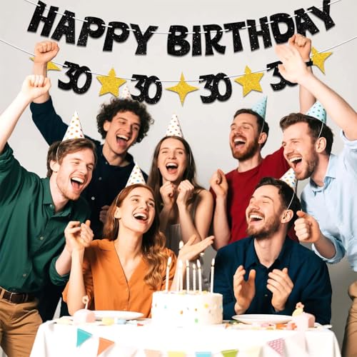 Happy 30th Birthday Banner, Black and Gold Pre-Strung Party Decoration