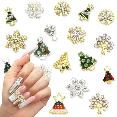 PODUOJIEYI 19Pcs Christmas Nail Art Charms 3D Alloy Xmas Tree Snowflake Gems